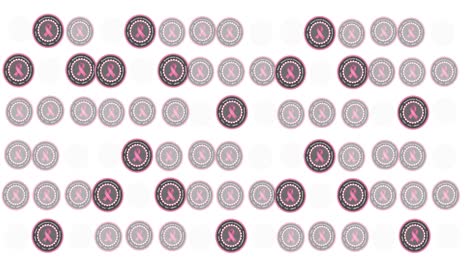 animación de múltiples logotipos de cinta rosa y texto de cáncer de mama que brilla sobre un fondo blanco