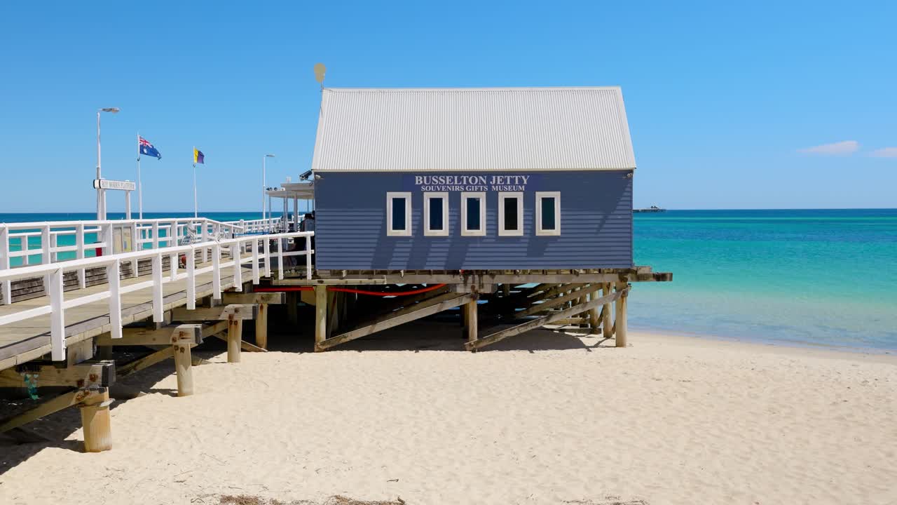 static shot of the Busselton Jetty and main building on a beautiful sunny day, Busselton, Western Australia
