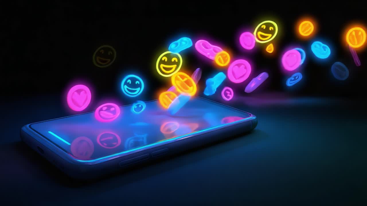 Vibrant Smartphone Interaction: Neon Emojis and Colorful Icons Emanating from a Mobile Device, Illustrating Digital Communication in a Dynamic and Engaging Manner