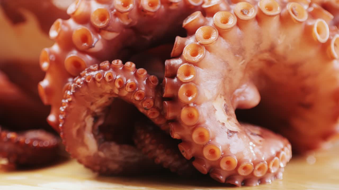 Octopus cooking, chef Boiling fresh octopus on restaurant kitchen, healthy food, seafood cafe in spain, traditional asian japanese spanish and mediterranean dish.