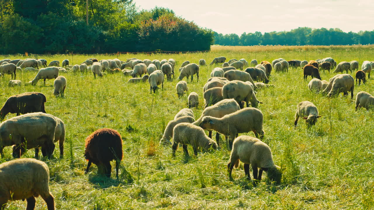 Beauty of the countryside, as a herd of sheep leisurely feast on lush green grass. Adding a touch of nature to your project, whether it's a documentary, advertisement, or film
