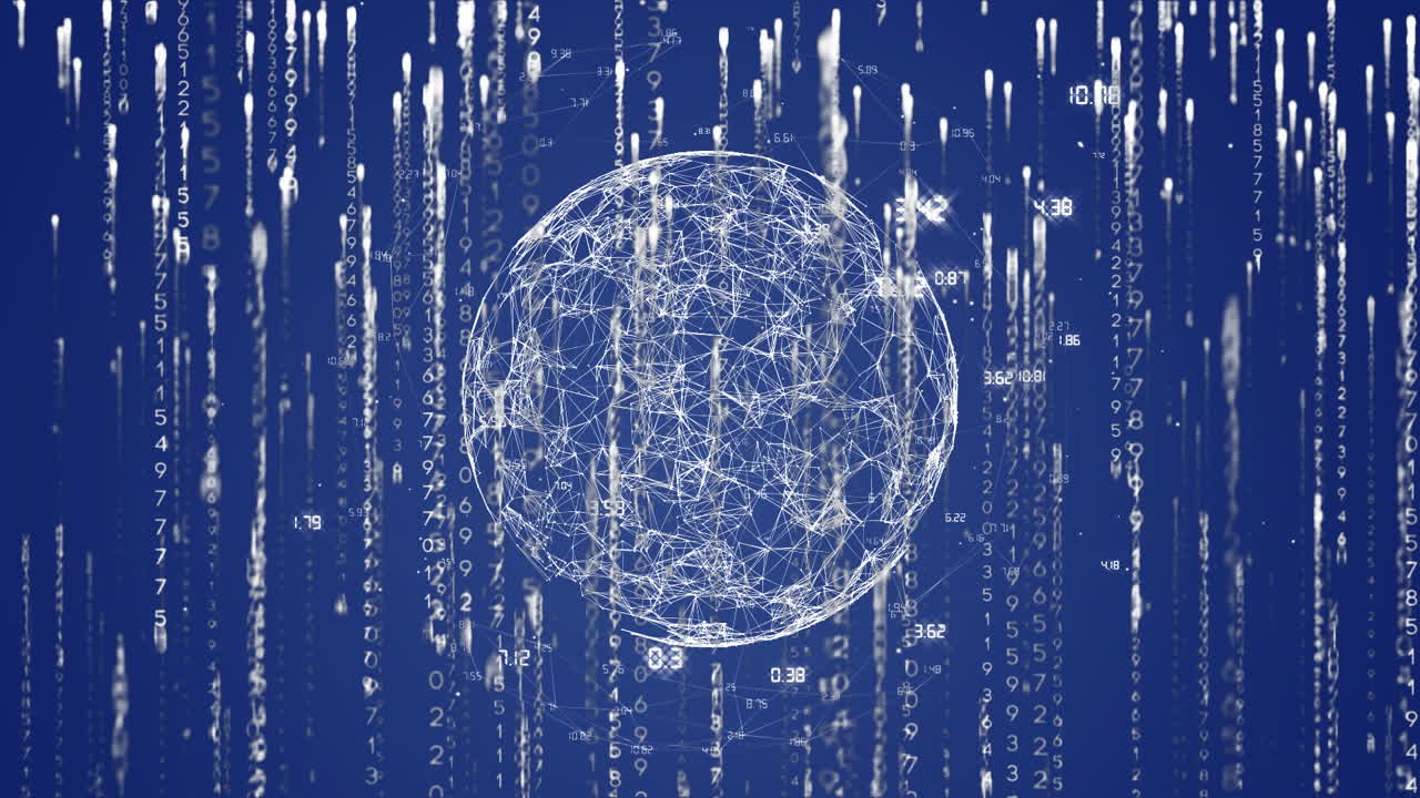 네트워크 연결과 데이터 스트림을 가진 디지털 글로브, 파란색 배경의 애니메이션