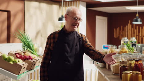 elderly vendor promoting healthy food