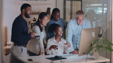 meeting, teamwork and business people on computer