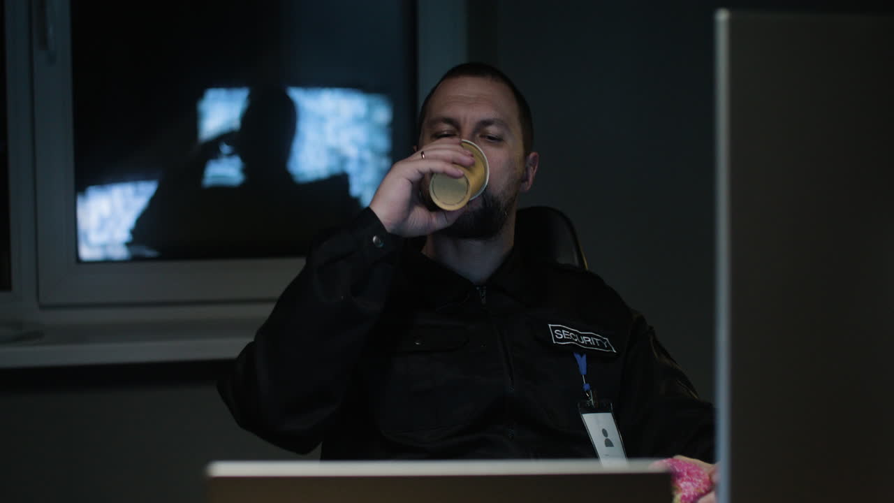 hombre comiendo y bebiendo mientras habla por el walkie talkie.