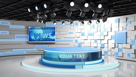 estudio de televisión. sala de noticias. fondo azul y rojo. toma general y de primer plano. estudio de noticias. trasfondo de estudio. bakground de la sala de prensa. el telón de fondo perfecto para cualquier producción de video de pantalla verde o chroma key. bucle. renderizado 3d