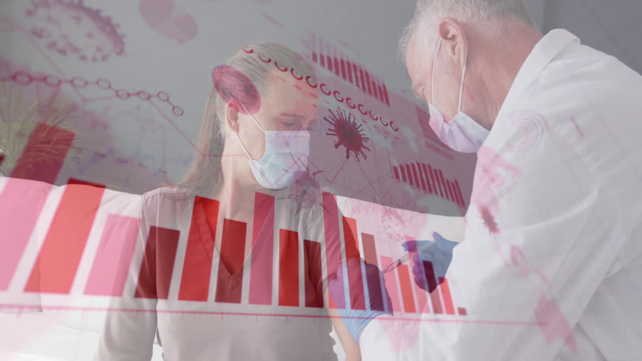 백인 의사와 환자가 얼굴 마스크를 착용하는 의료 데이터 처리의 애니메이션