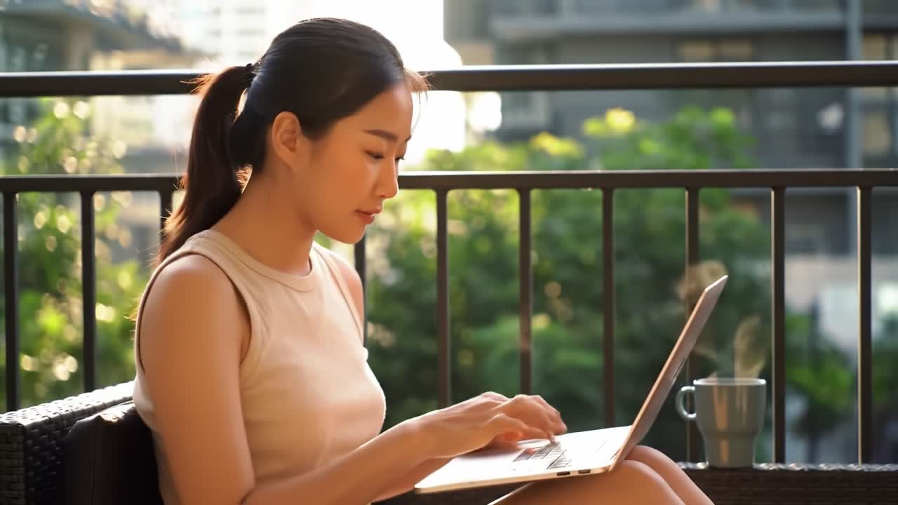 Focused Young Woman Working on Laptop Outdoors in Natural Light, Creating a Productive Environment on a Relaxing Day with a Cup of Coffee in Hand