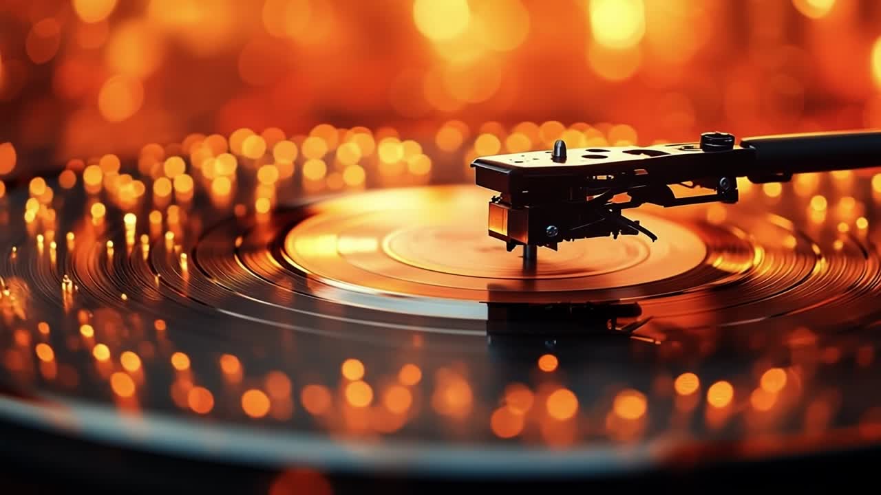 Spinning vinyl record with warm lights. A close-up of a vinyl record spinning on a turntable, illuminated by soft, warm lights creating a cozy atmosphere.