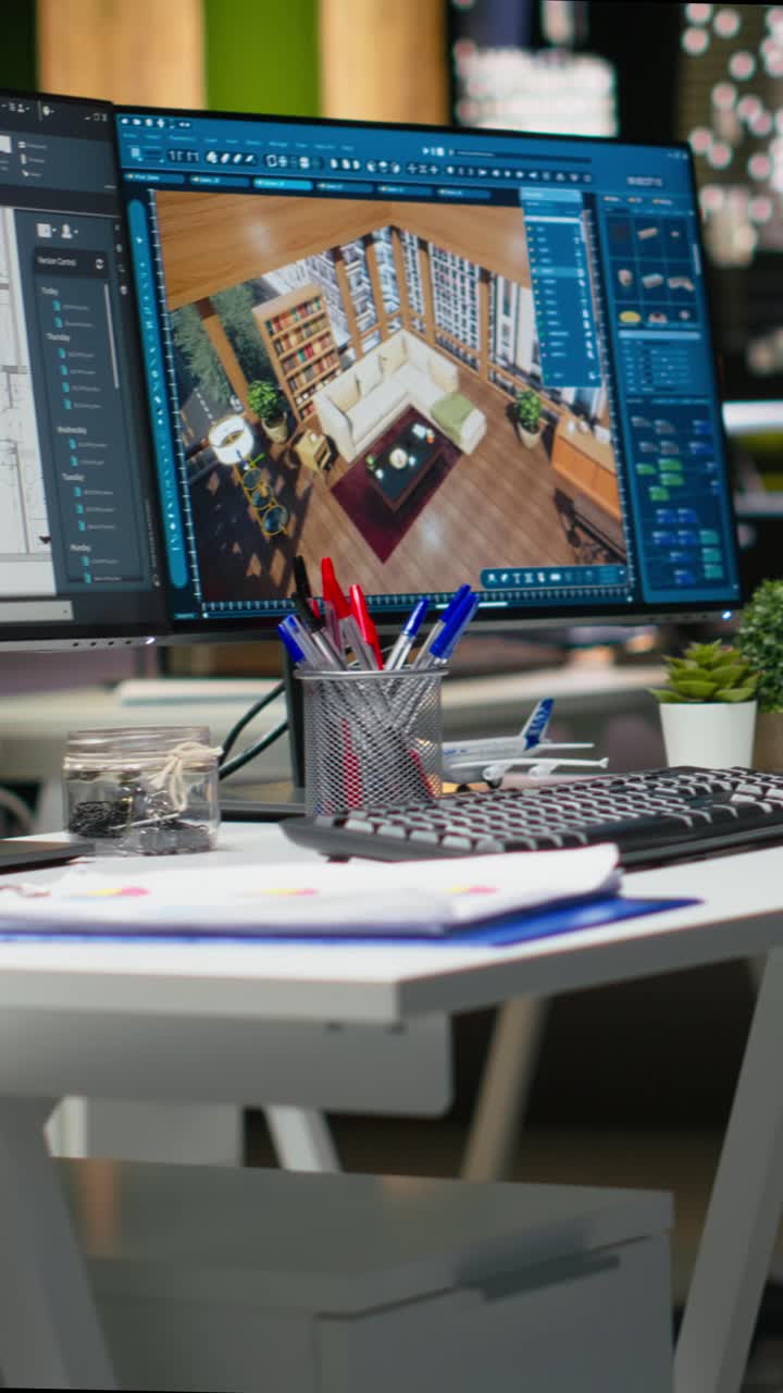 Vertical Video Professional interior design workspace showing modern computer monitors