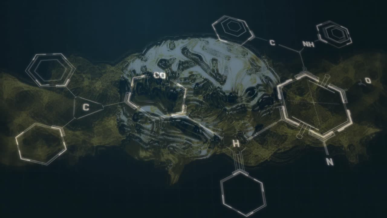 animación de la cadena de adn y el cerebro digital sobre la fórmula química en fondo negro