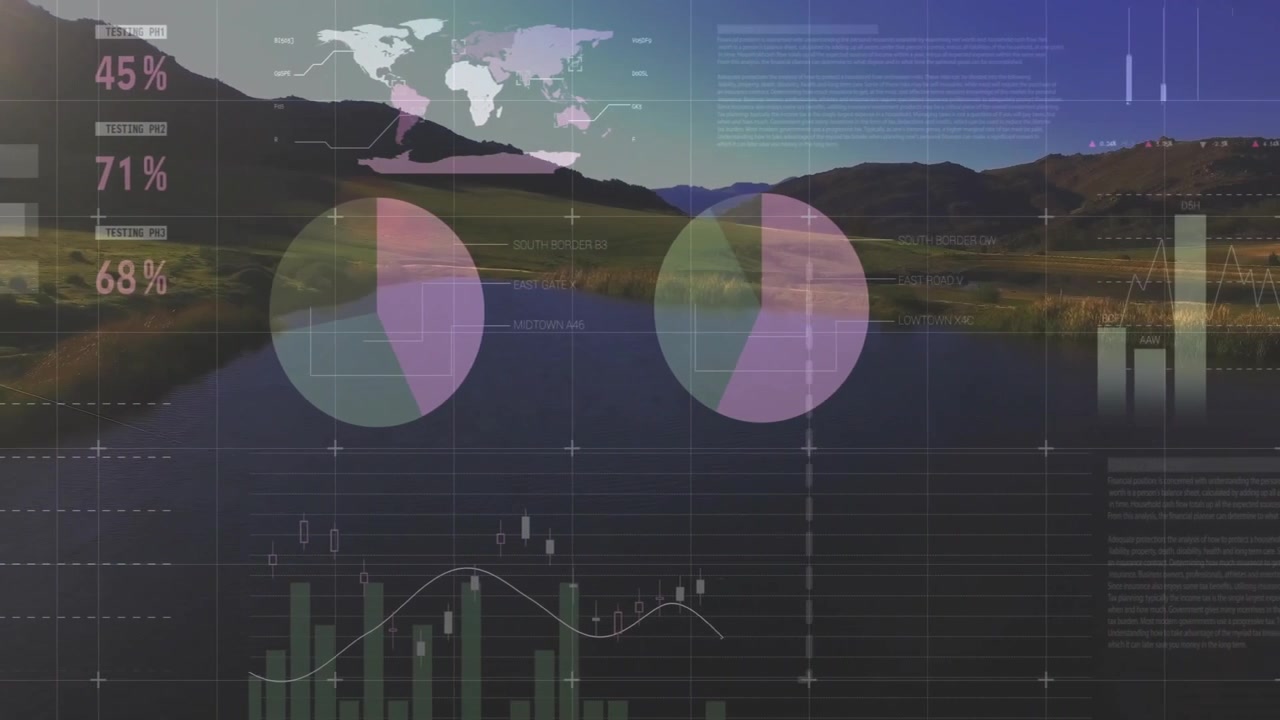 Upon opening, data overlay fading table, animating gauges, growing charts visualizing lakeside data