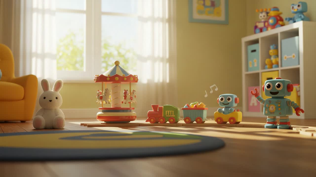 A Vibrant Playroom Scene Featuring Adorable Toys, Charming Robot Figures, and a Colorful Carousel, Capturing the Joy of Imagination and Playfulness