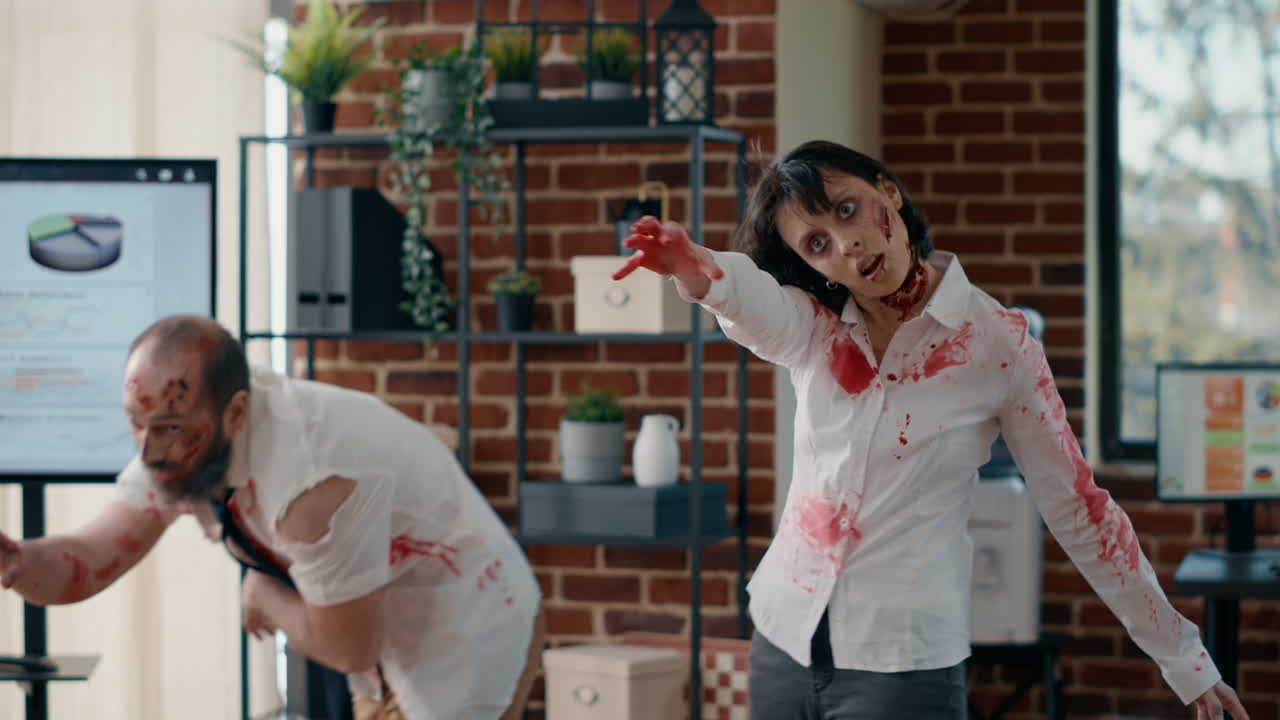Dangerous scary zombies chasing afraid person in office