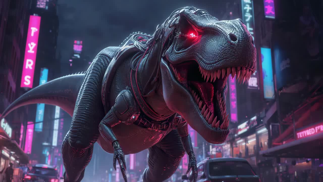 T-Rex cyberpunk in una città neon