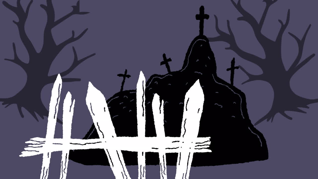보라색 배경에 묘지와 나무의 애니메이션