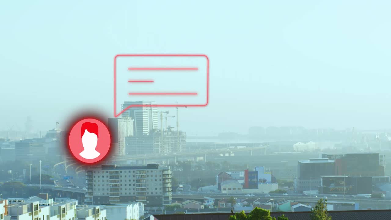 Animasi ikon media sosial dan gelembung percakapan di atas pemandangan kota