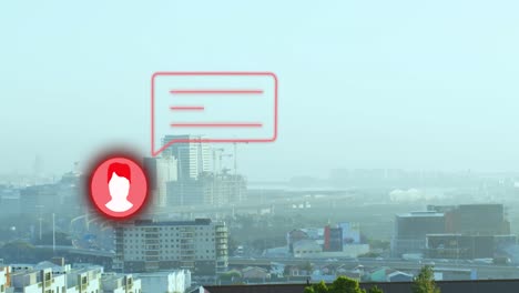 animación del icono de las redes sociales y la burbuja de habla sobre el paisaje urbano