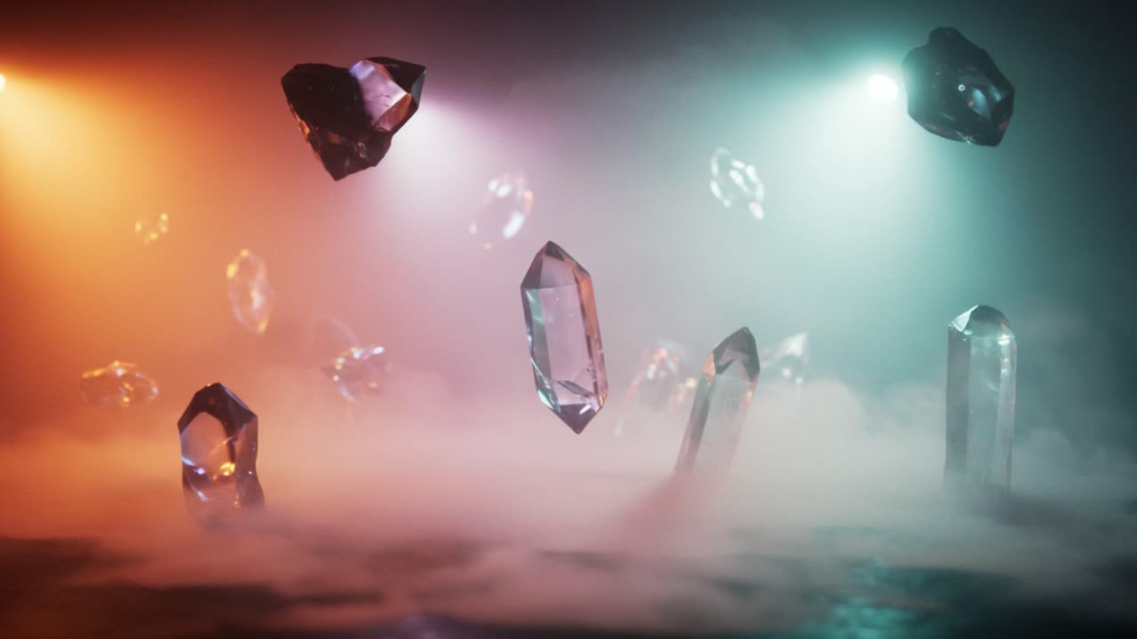 Ethereal Crystals Glowing in Mist: A Mesmerizing Display of Light and Color Captured in Two Frames, Showcasing the Beauty of Crystal Forms Amidst Atmospheric Effects