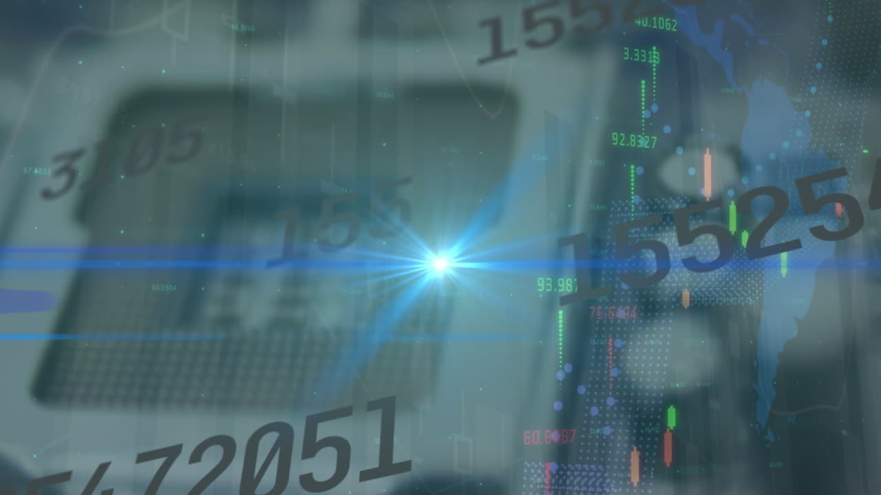 렌즈 플레어, 그래프 및 숫자가 배경에서 sim 카드 트레이에 이동하는 애니메이션