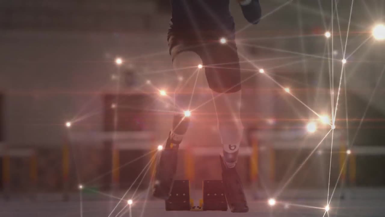 프로테시 다리를 가진 운동 선수가 배경으로 달리는 네트워크 연결