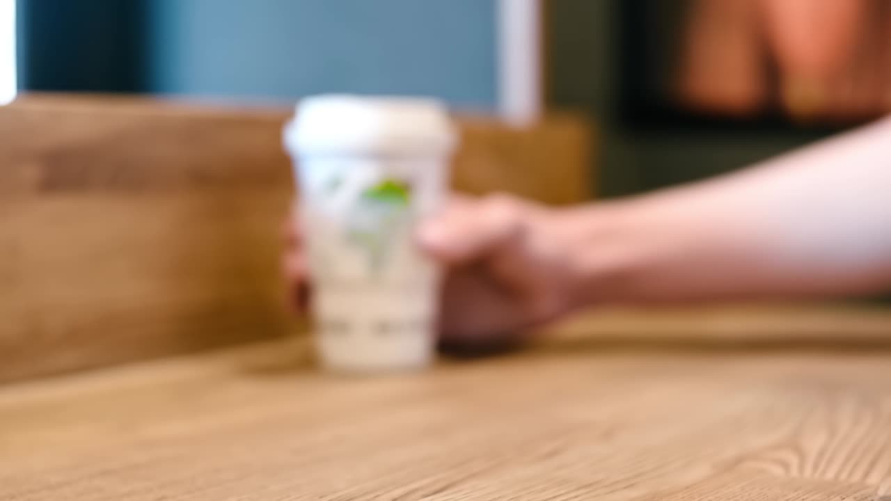 Man's hand holding a reusable bamboo cup of coffee with a picture of green earth and quote about ecology on the table in a cafe. Focus transition