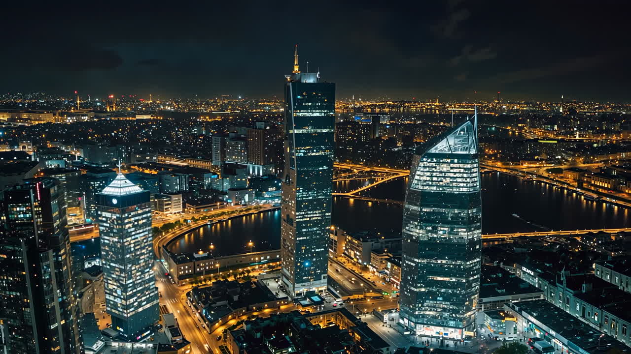 Nighttime aerial view of a modern cityscape with illuminated skyscrapers and a river