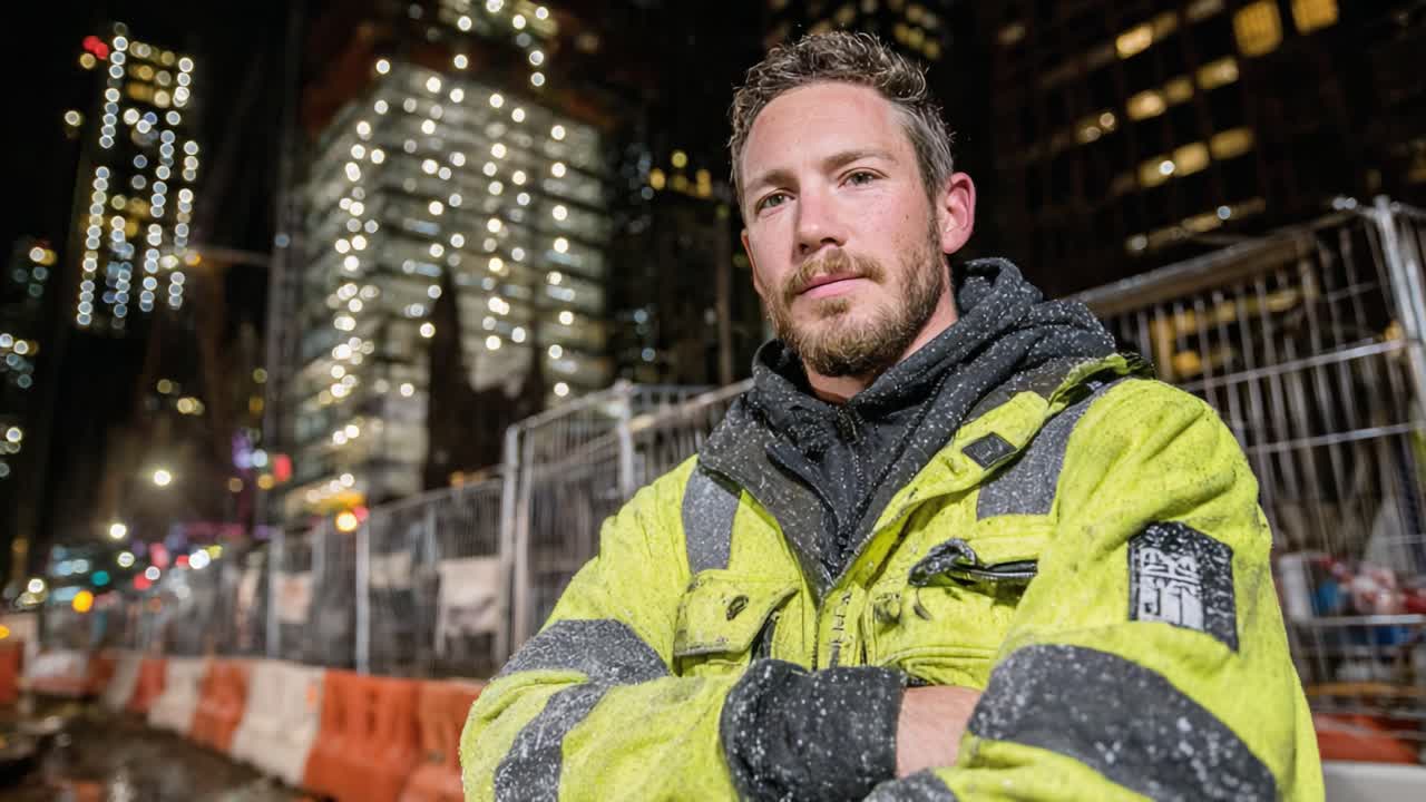 A confident construction worker stands proudly at a bustling urban site, illuminated by city lights, showcasing the dedication and hard work of the construction industry