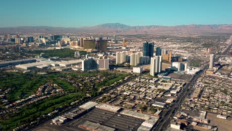 aerial shot of las vegas on a sunny summer day. clear blue sky on the horizon.