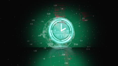 animación de reloj en movimiento y números sobre fondo verde y negro