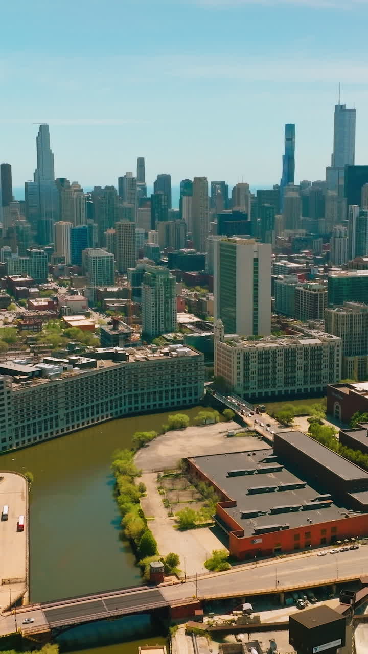 River with green water flowing among the quarters of Chicago, Illinois. City panorama on clear sunny day. Skyscrapers at backdrop. Vertical video