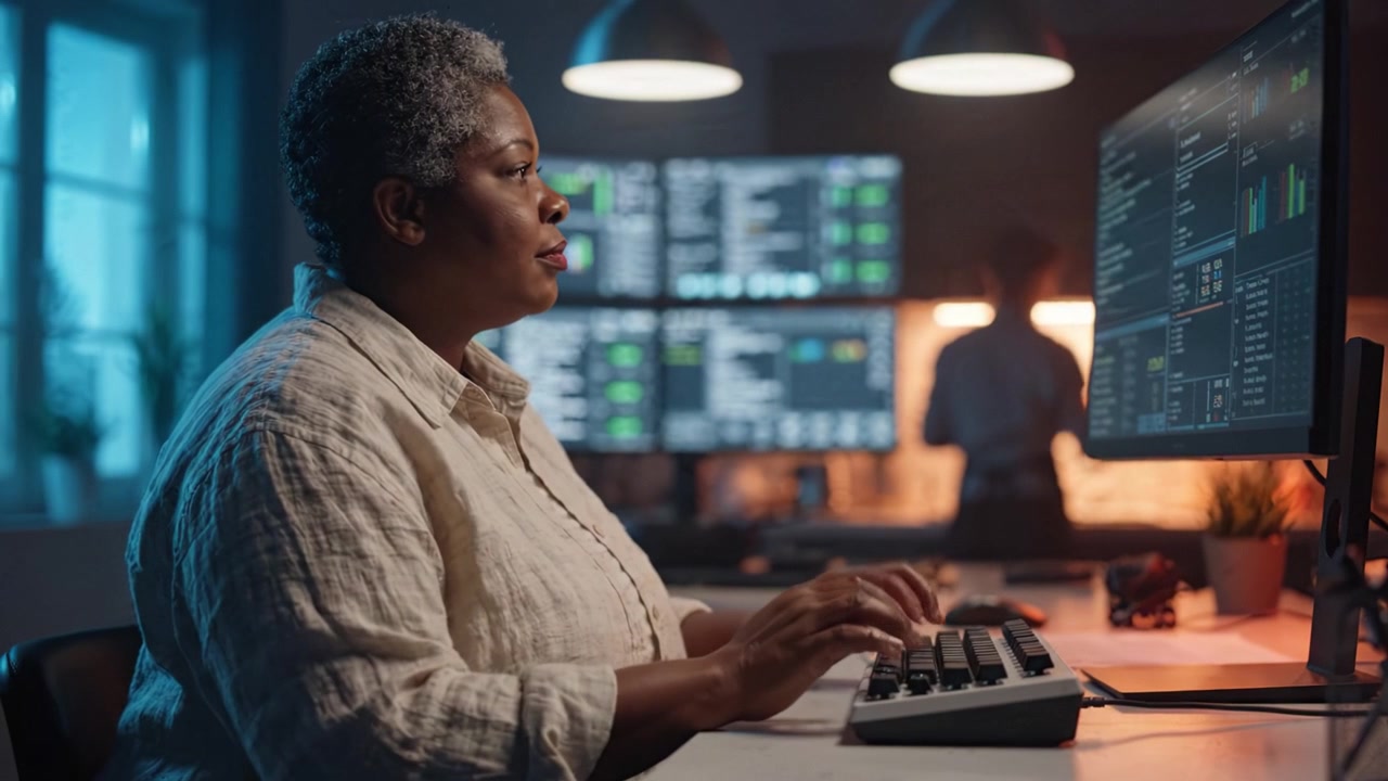 Focused Professional Analyzing Data on Multiple Monitors in a Modern Office Environment with Soft Lighting, Demonstrating Concentration and Expertise in Technology