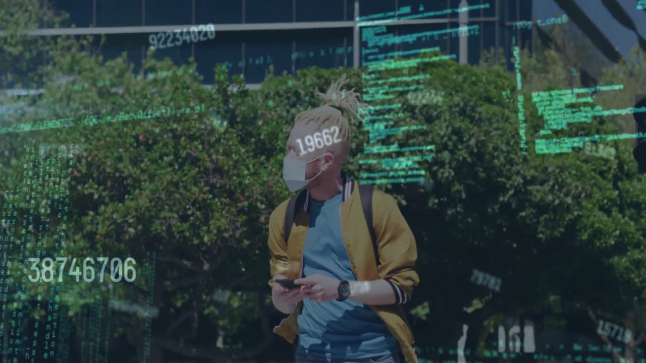 Animation of numbers and data processing over albino man wearing face mask in city street