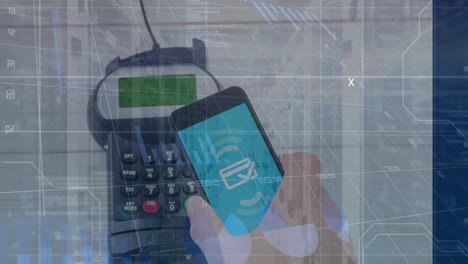 animación del procesamiento de datos sobre el pago a mano con teléfono inteligente