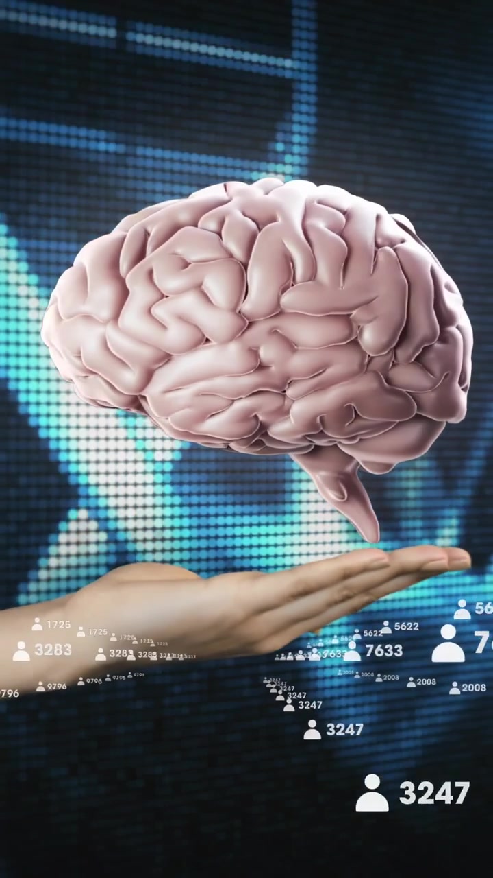 Vertical video: Data icons causing brain hovering over palm, hand entering, rotating for tech demo