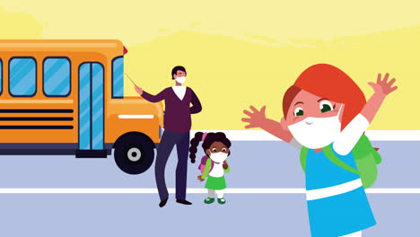 male teacher wearing medical mask for covid19 with students and bus