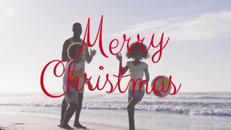 animation of christmas greetings text over african american man with son and daughter on beach