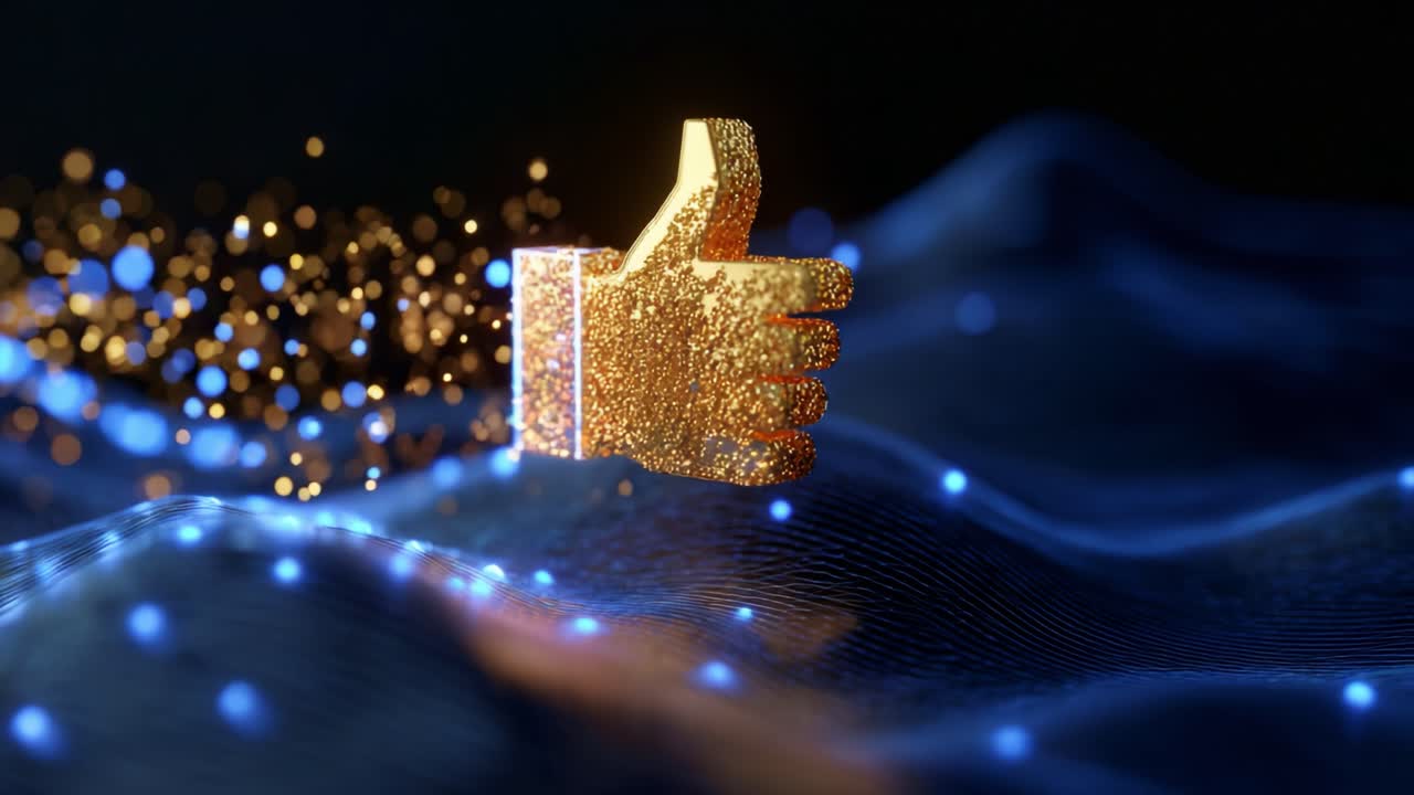 A dazzling visual of a sparkling golden thumbs-up emoji, surrounded by waves of vibrant blue light and shimmering particles, conveying positivity and engagement in a captivating digital environment