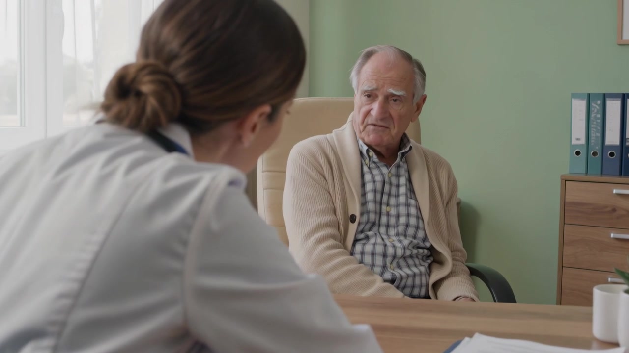 Prohlížení grafu, lékař v plášti se opírá o stůl na klinice, zatímco starší osoba mluví a žádá o radu.