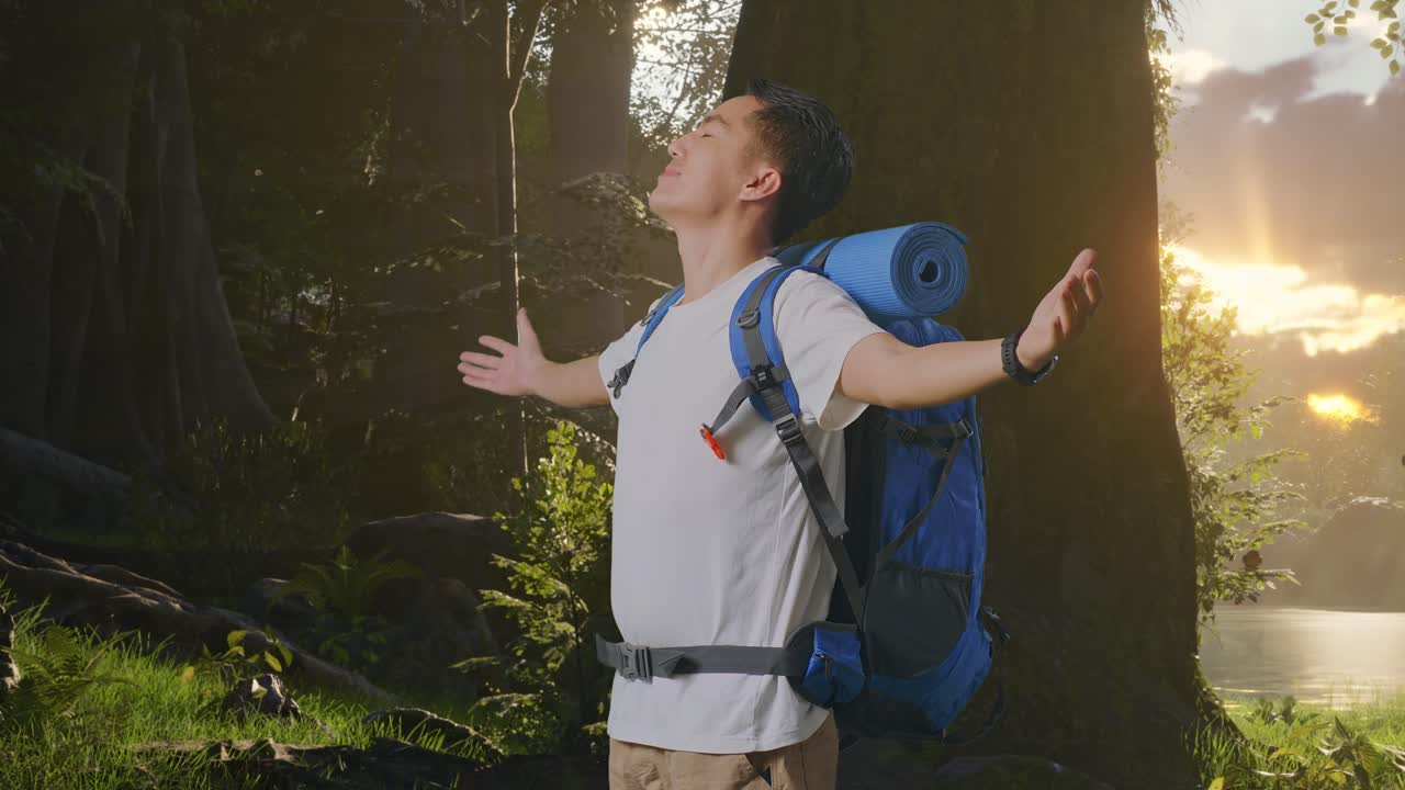 산악 배을 들고 있는 아시아 남성 하이커의 측면 풍경 웃으며 팔을 펴고 숲의 자연을 탐험하면서 주변을 바라보는 것을 즐기고 있습니다.