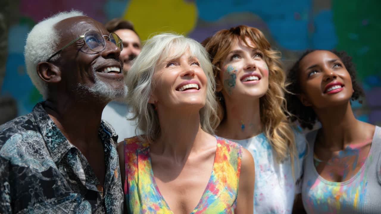 Diverse group of smiling people looking up