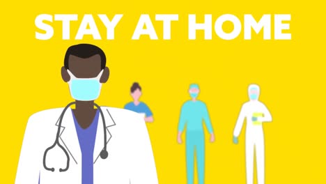 Animation-of-social-distancing-message-with-doctor-wearing-mask-with-medical-personnel-standing-behi