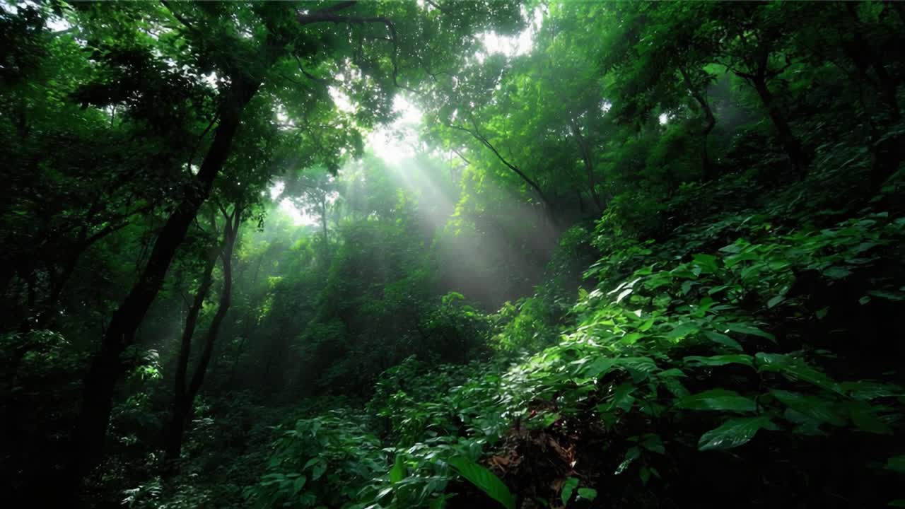Una scena tranquilla di una foresta che cattura la luce del sole che filtra attraverso le lussureggianti chiome verdi, illuminando la ricca flora in un sereno ambiente naturale