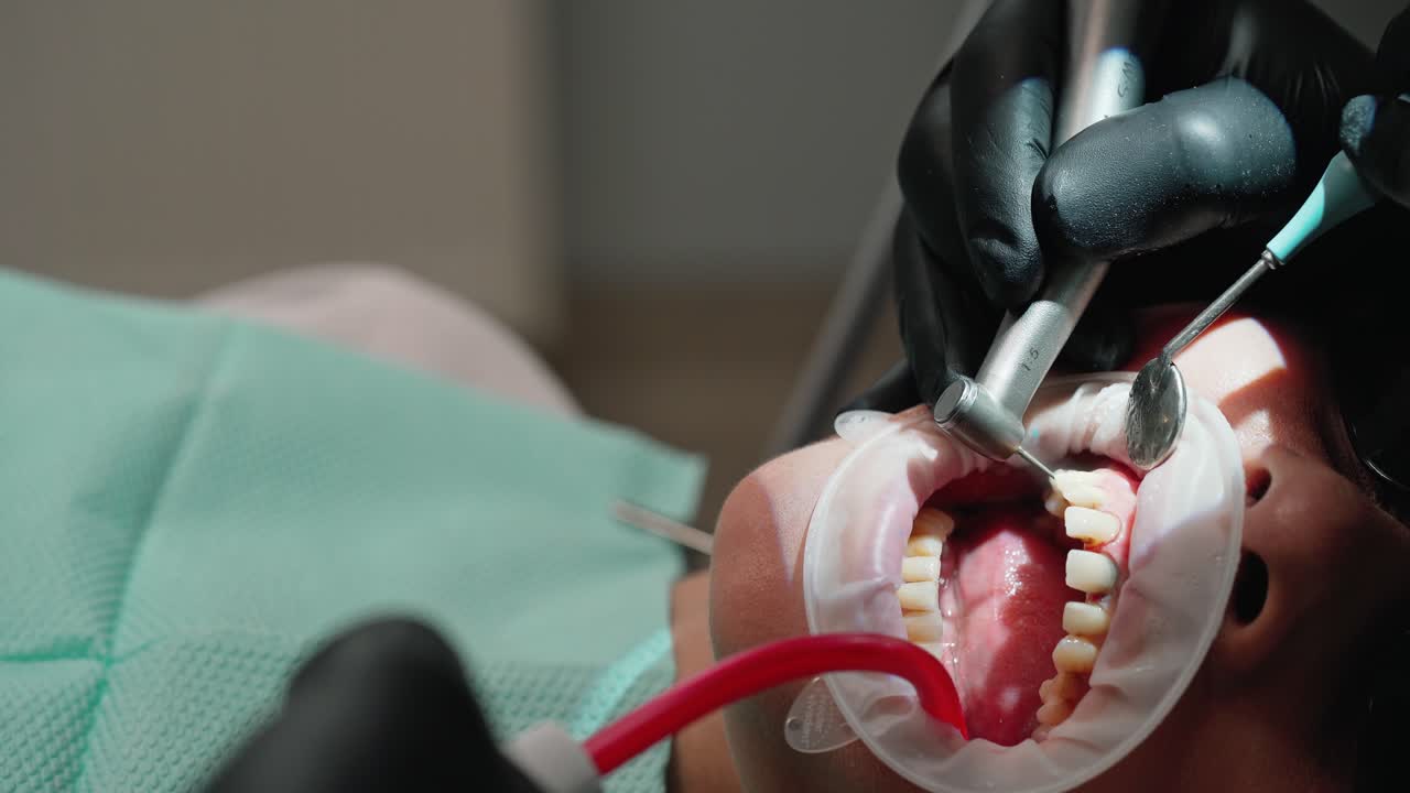 Tooth treatment. Female patient treating her tooth at the dentist's office. Hands of stomatologist working with dental tools in the woman's mouth. Close-up.