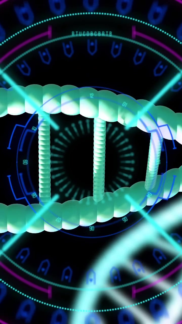 Animazione di filamenti di DNA che ruotano con elaborazione dati su sfondo nero
