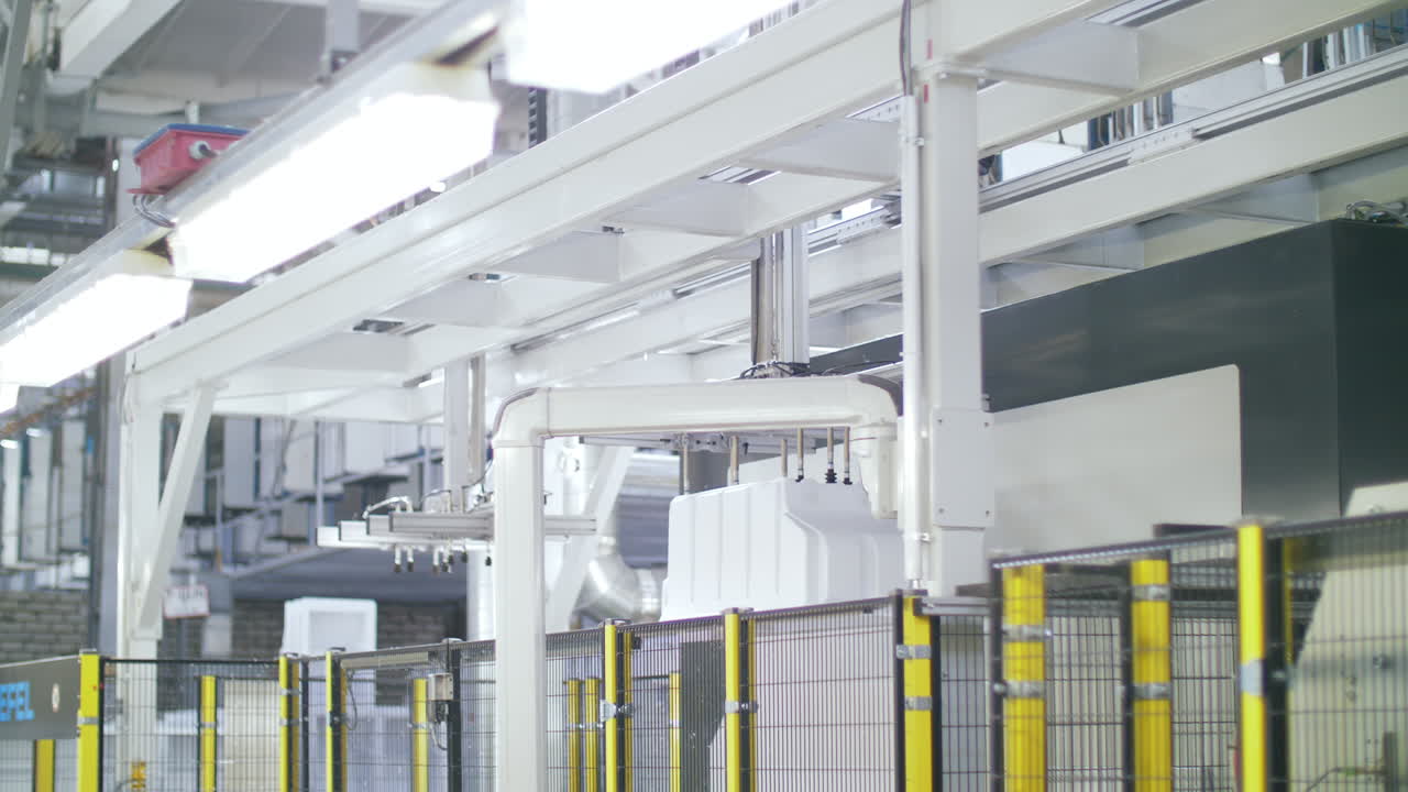 Plastic container moving by manipulator on conveyor. Household appliance factory