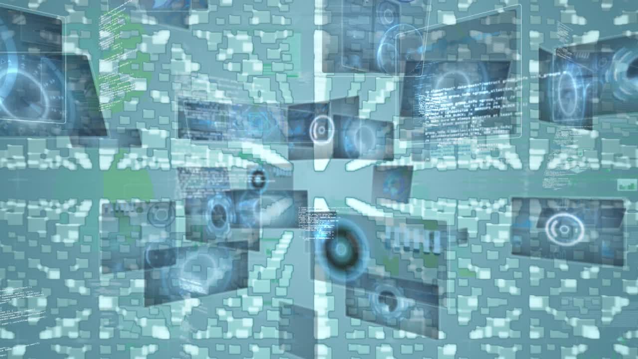 animazione dell'elaborazione dei dati e delle icone dei file su sfondo blu