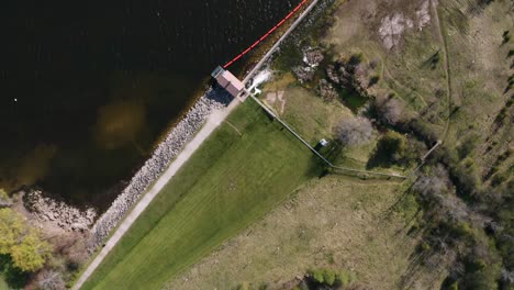 An-overhead-aerial-shot-of-the-Mountsberg-Reservoir,-which-is-located-in-Puslinch,-Ontario