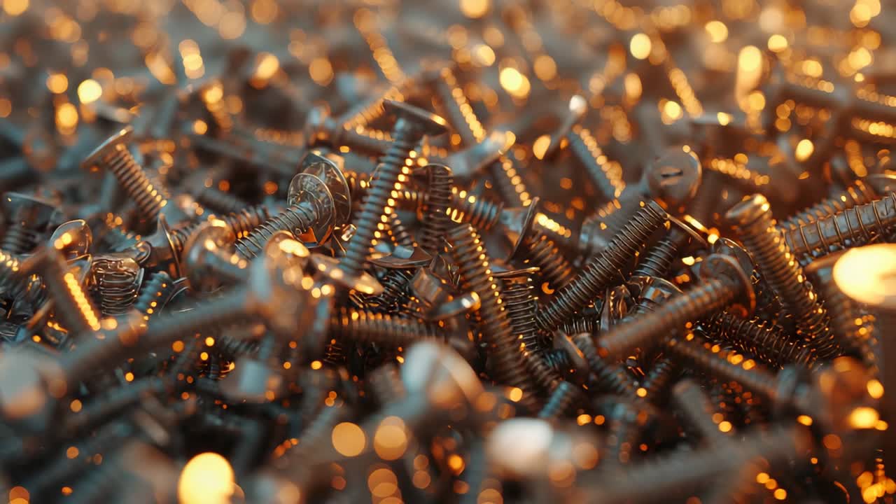 Opening shot shifting camera focus revealing screws on workshop table, with golden light pulsing