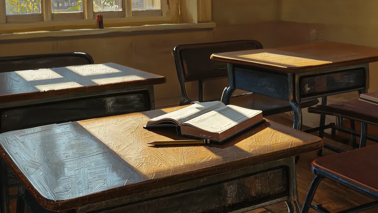 Classroom Desk with Open Book and Pencil